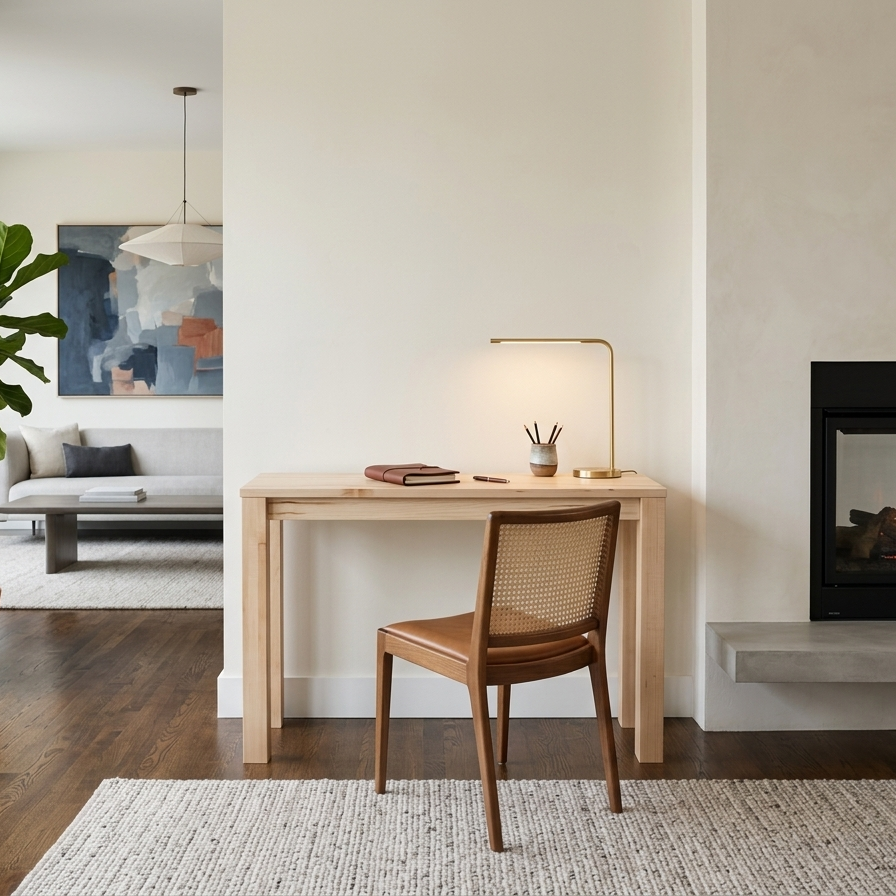 Front view of a minimalist solid maple writing desk showing its slim profile and clean modern design against a neutral background.