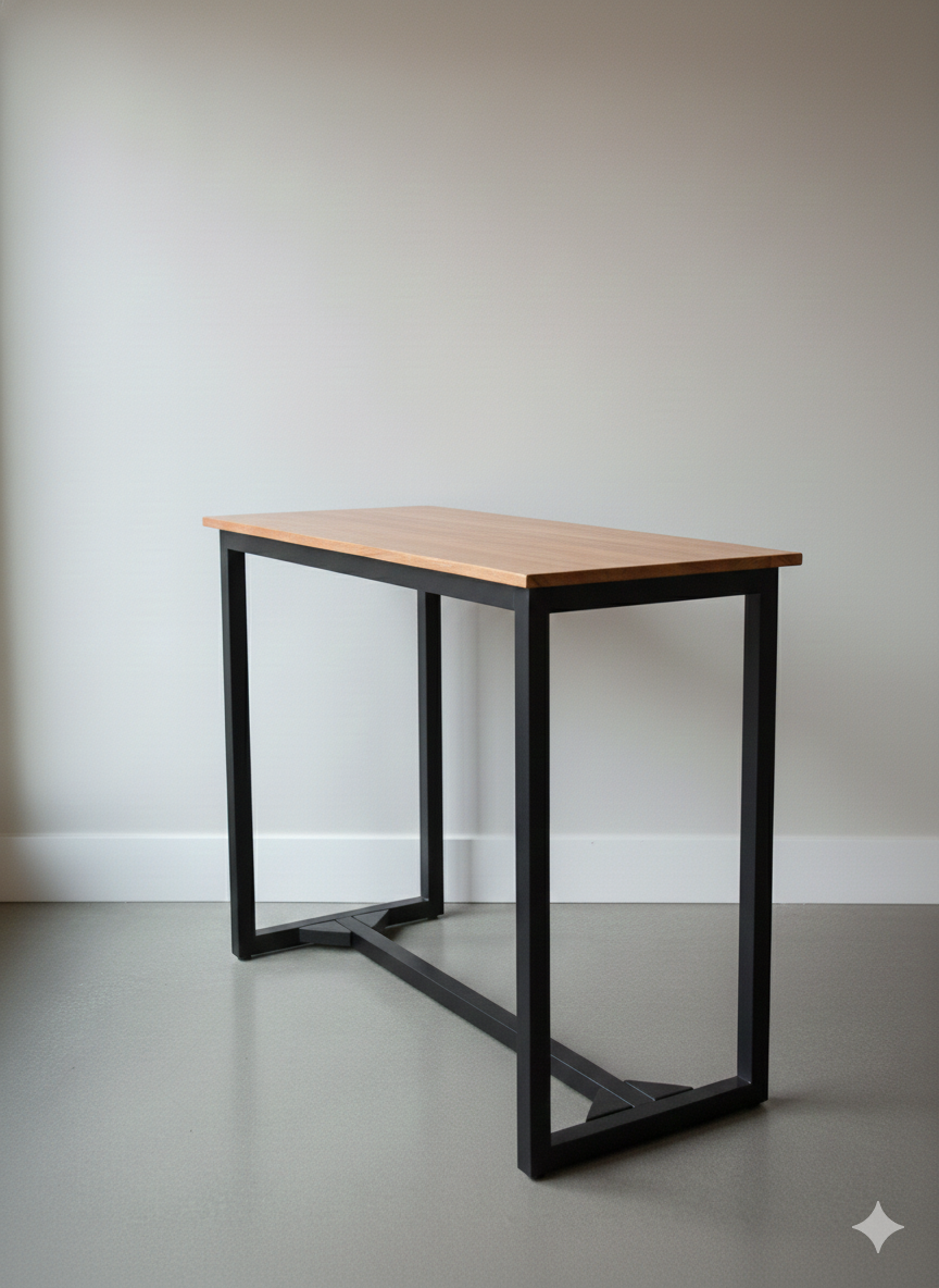 Wooden table with black metal legs against a plain wall