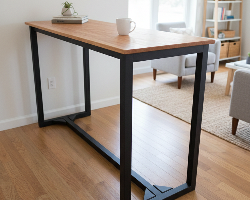 Wooden desk with black frame in a room with a bookshelf and window.