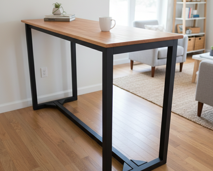 Wooden desk with black metal frame in a room with a bookshelf and window.