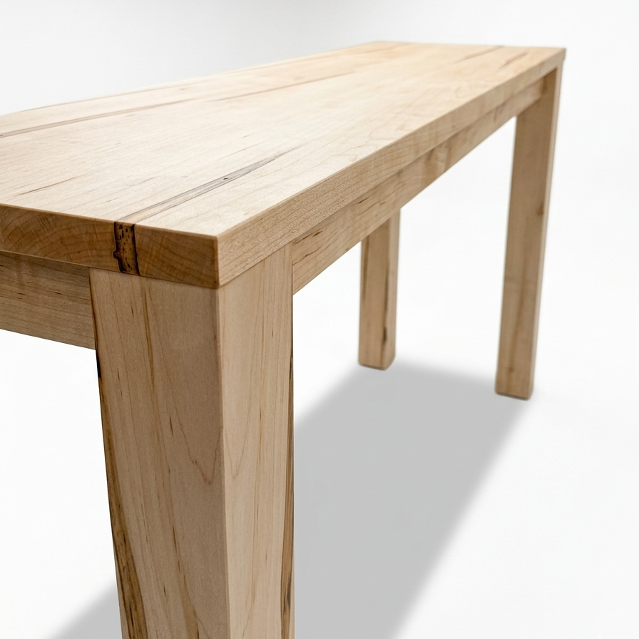 Detailed shot of a solid wood desktop surface showcasing the rich, natural character and high-quality craftsmanship