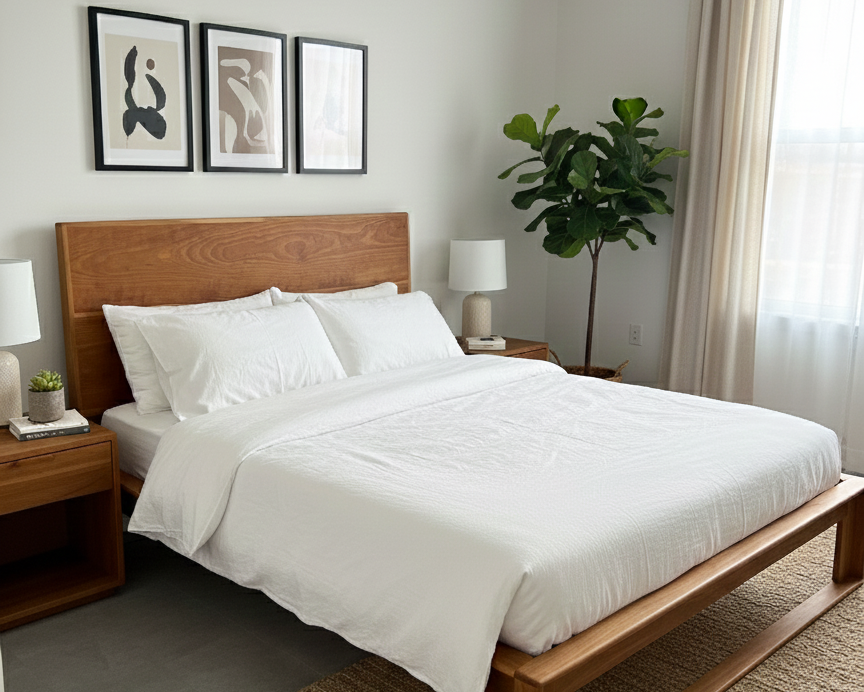 Bedroom with cherry wood bed, white bedding, and decorative elements.