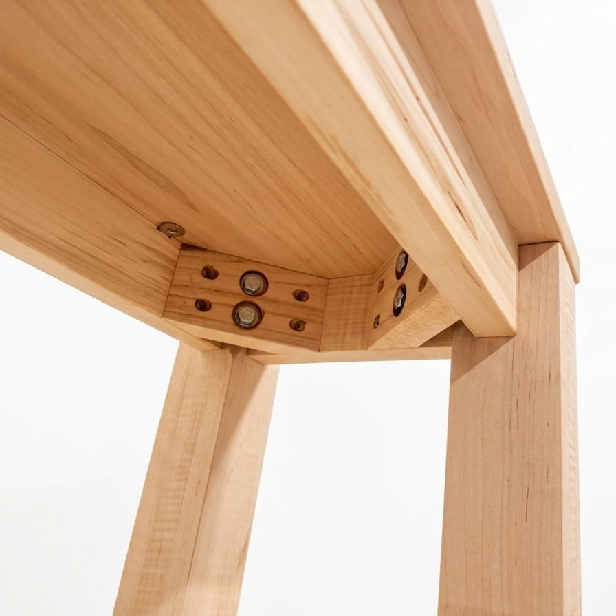 Close-up view of the seamless leg-to-apron joint on a handmade solid wood desk, demonstrating sturdy, traditional craftsmanship.