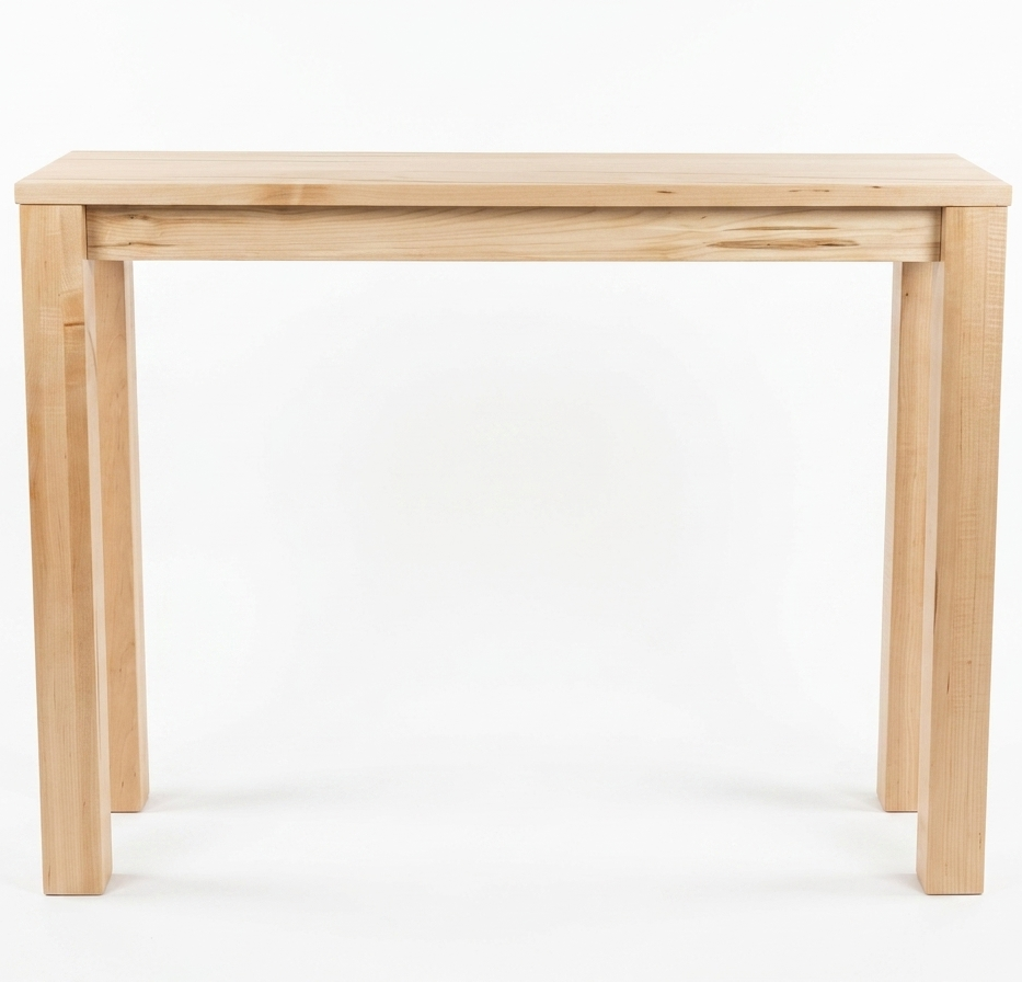 A light natural wood rectangular table with four legs, shown from a front-facing perspective on a seamless white background.