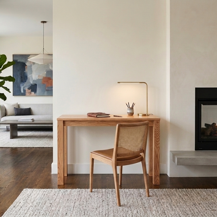 Front view of a minimalist solid oak writing desk showing its slim profile and clean modern design against a neutral background.