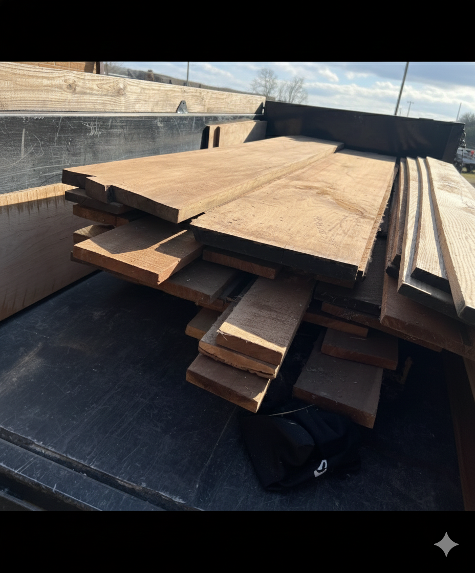 Stack of rough lumber planks on a truck bed