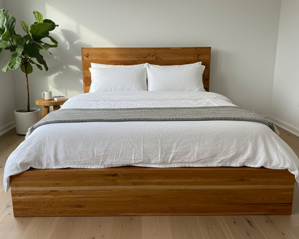 Wooden bed with white bedding in a bright room with a plant.