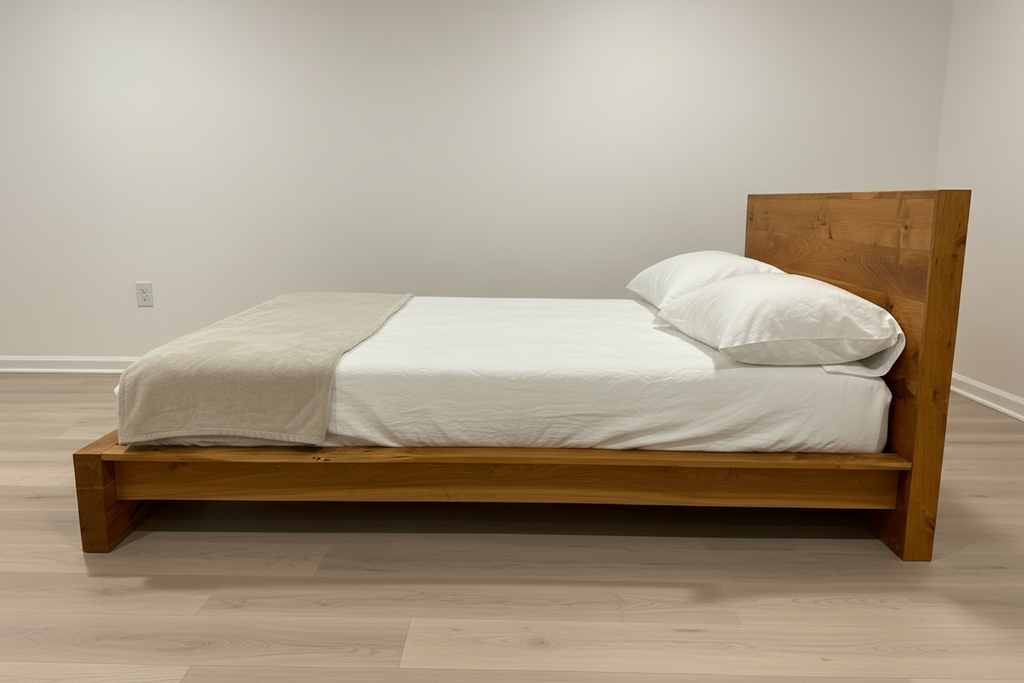 Wooden bed with white bedding in a minimalistic room