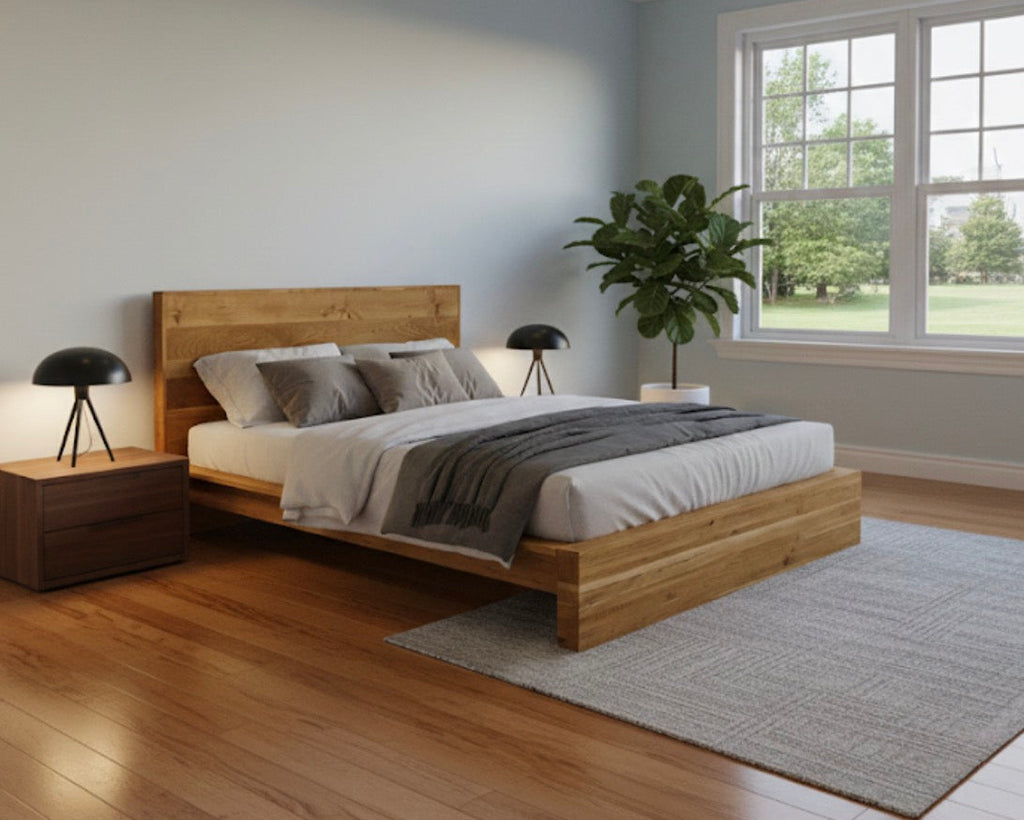 Modern bedroom with wooden bed, nightstands, and a large window.