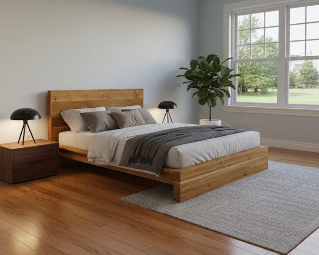 Modern bedroom with wooden bed, nightstands, and a large window.