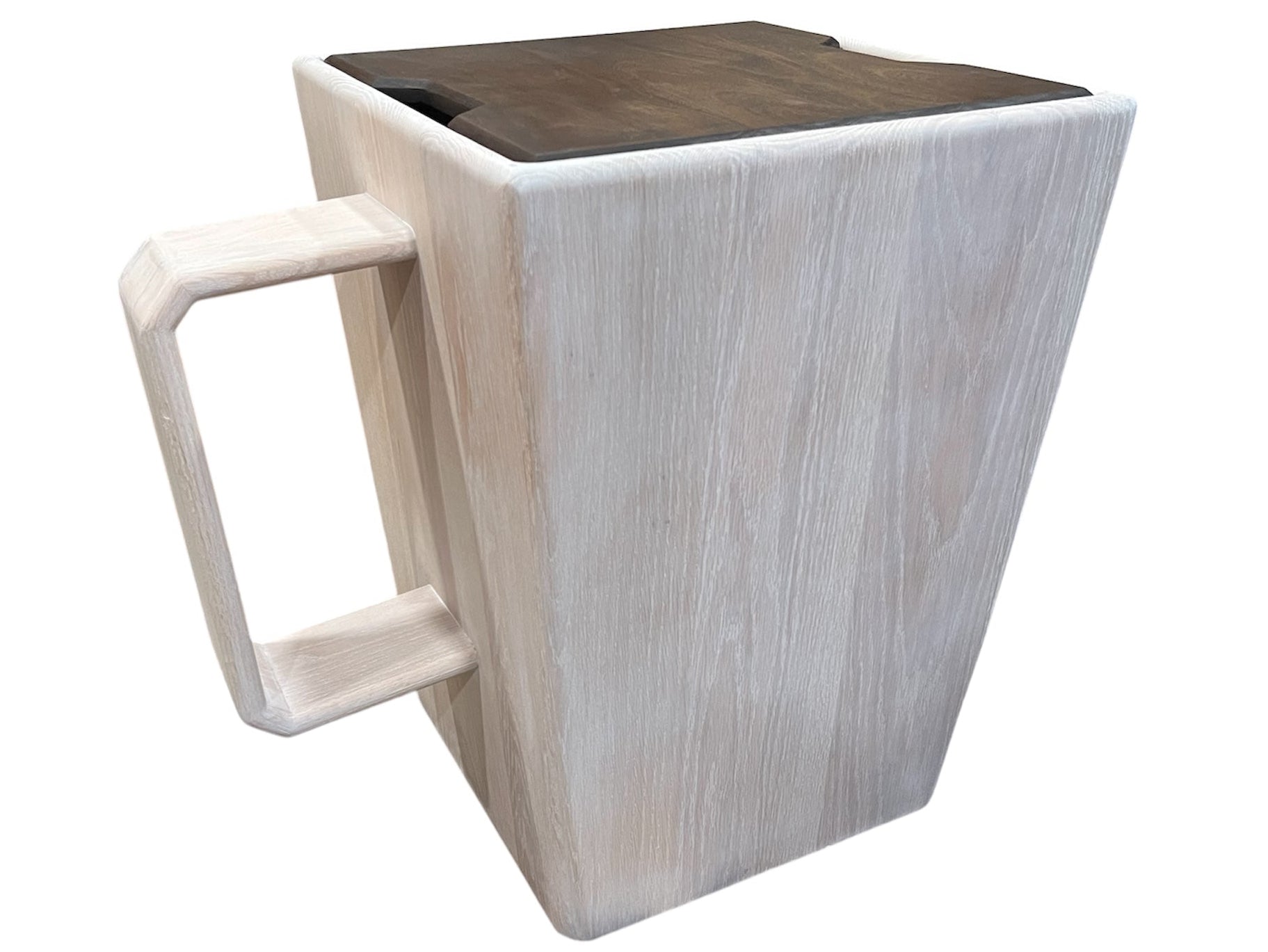 Wooden coffee mug with a handle on a white background