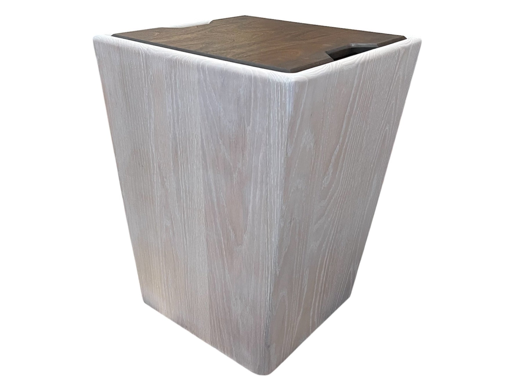Square coffee mug table with dark wooden top and oak base on a white background