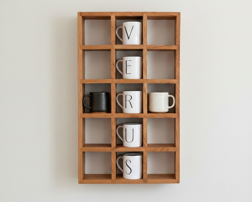 Cherry wooden wall shelf with lettered mugs spelling 'VERUS' on a white wall