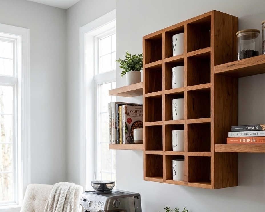 Home office with wooden shelves, coffee maker, and plants