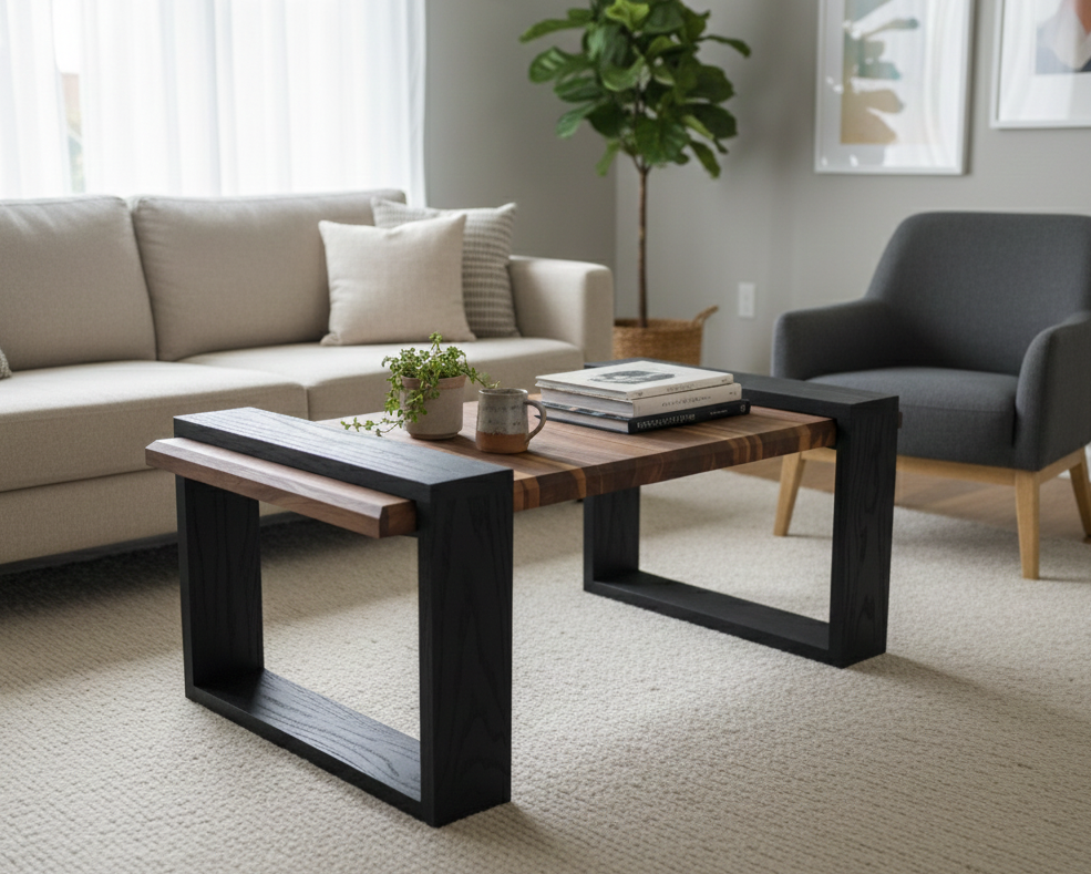 Modern living room with a beige sofa, gray armchair, and wooden coffee table.