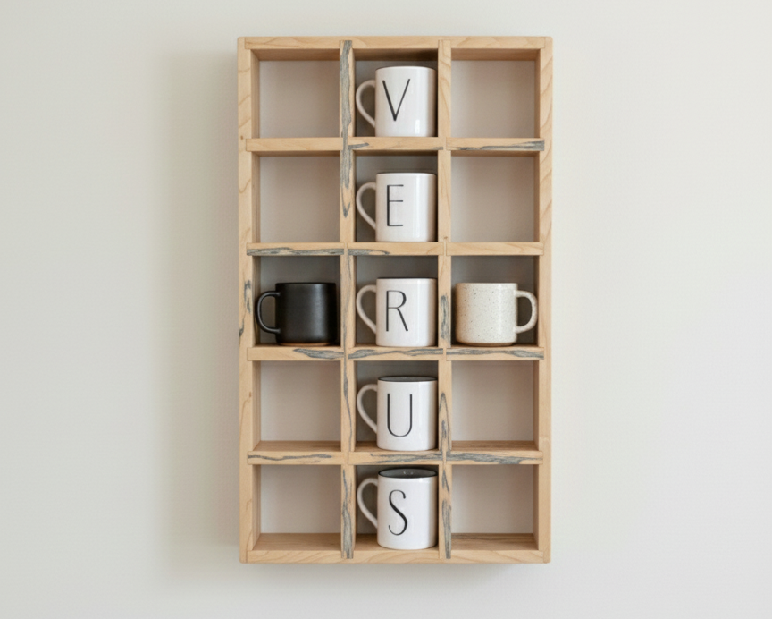 Ambrosia Maple wooden wall shelf with lettered mugs spelling 'VERUS' on a white wall