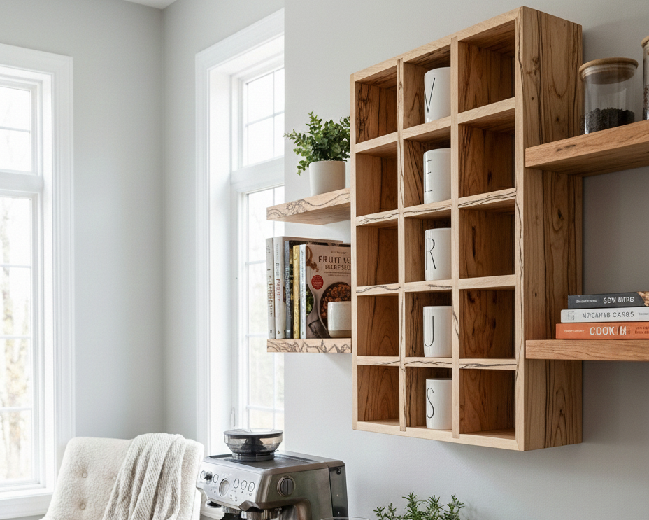 Kitchen with wooden shelves, coffee maker, and plants