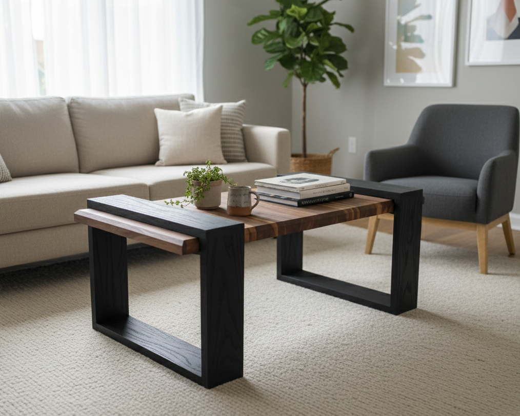 Modern living room with a beige sofa, gray armchair, and wooden coffee table.