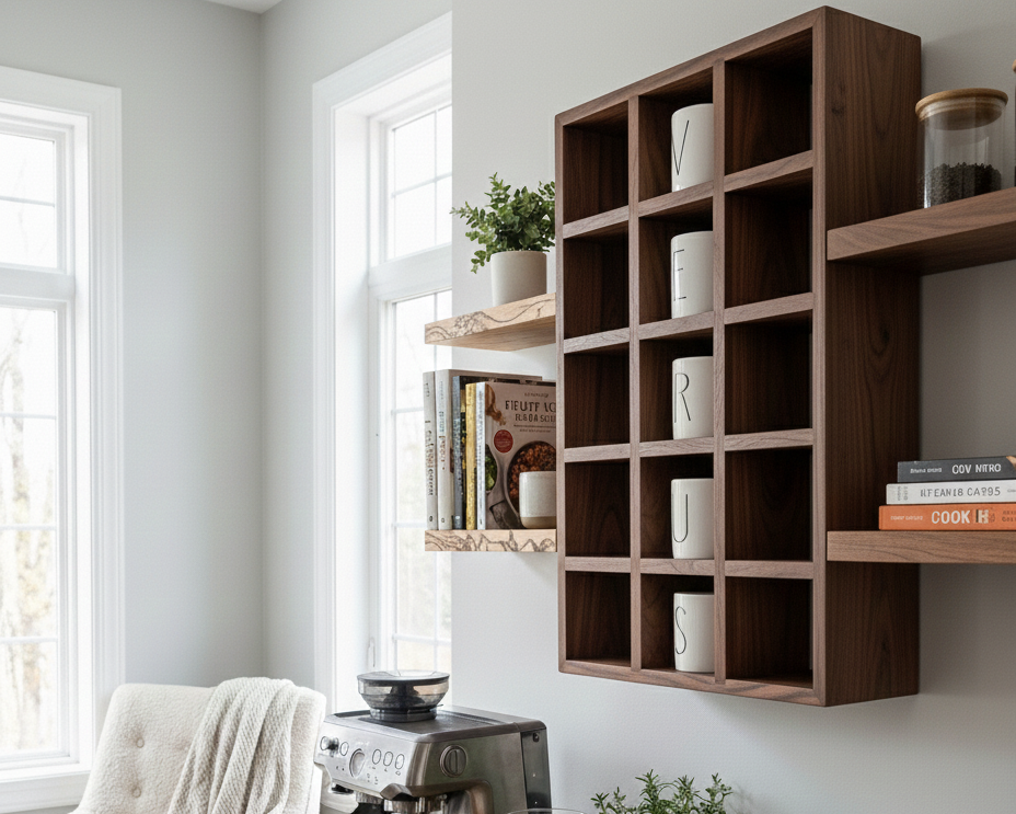 Home office with wooden desk, coffee machine, and bookshelf.