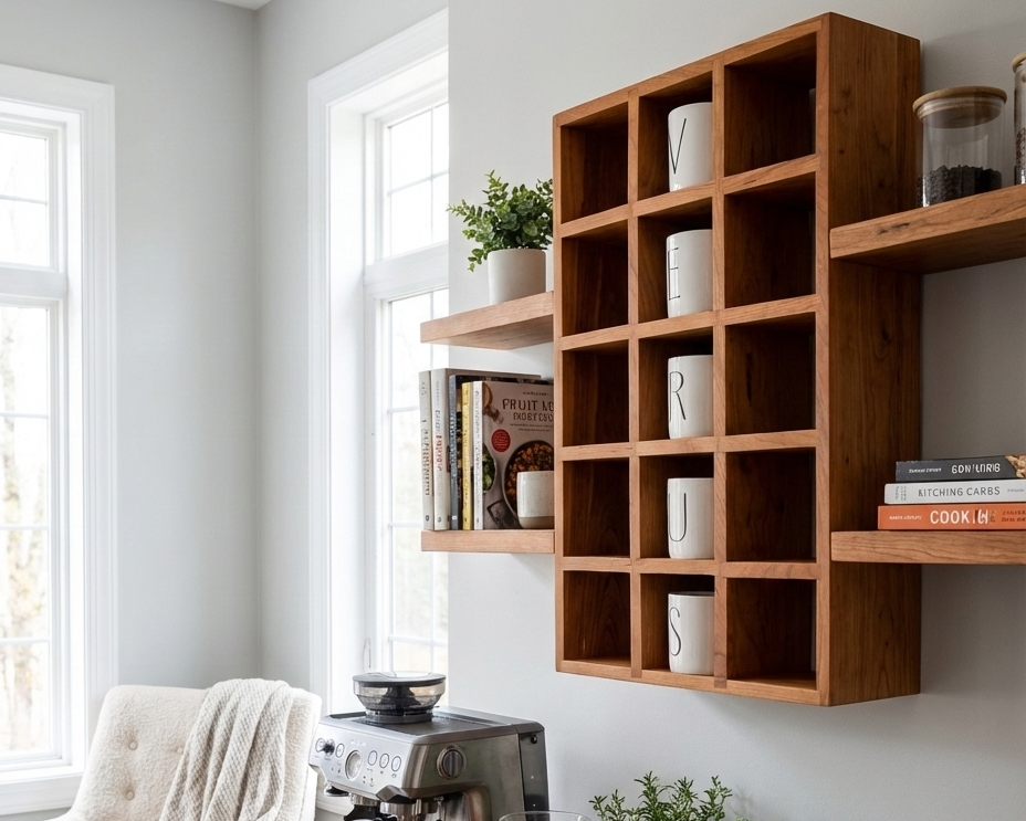 Home office with wooden shelves, coffee maker, and plants