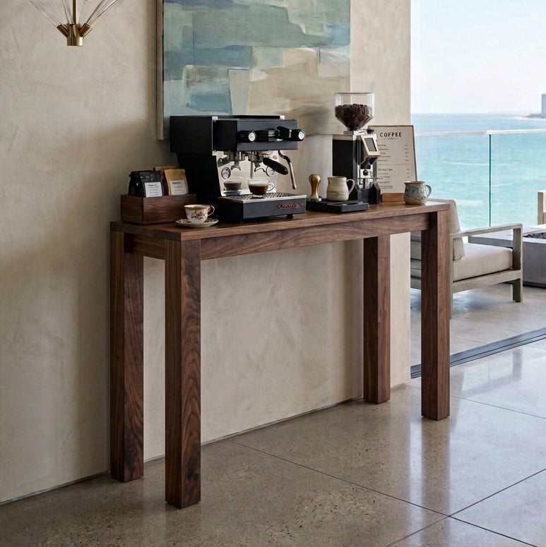 Walnut Coffee Bar Station Espresso Table Console in Kitchen