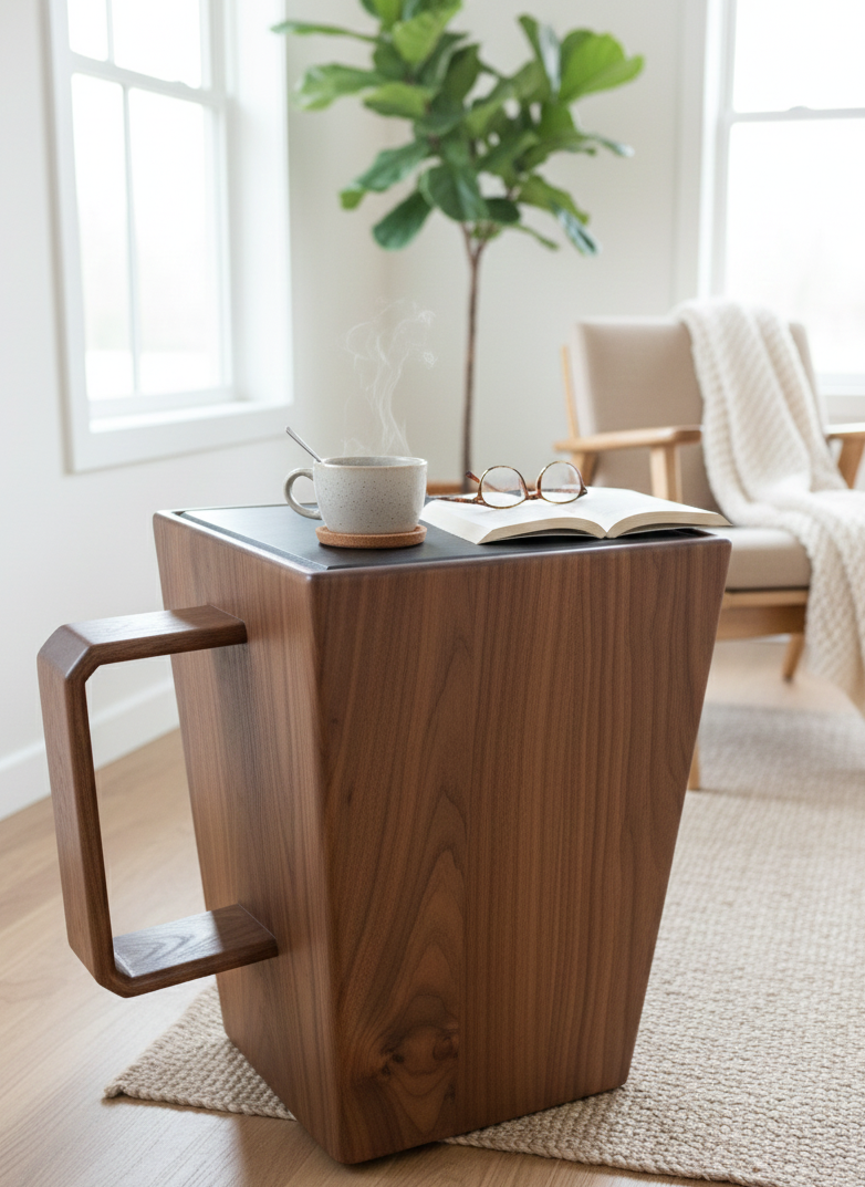 Wooden side table with a handle, coffee cup, and book in a living room setting.