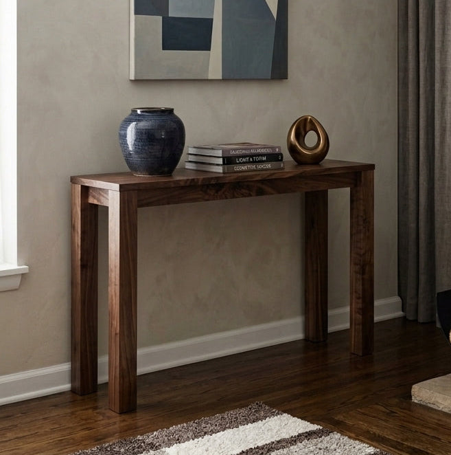 A styled interior room scene showing a dark wood console table against a beige wall, decorated with a blue ceramic vase, books, and a small gold sculpture. A striped area rug, fireplace with stone surround, curtains, and abstract wall art are visible.