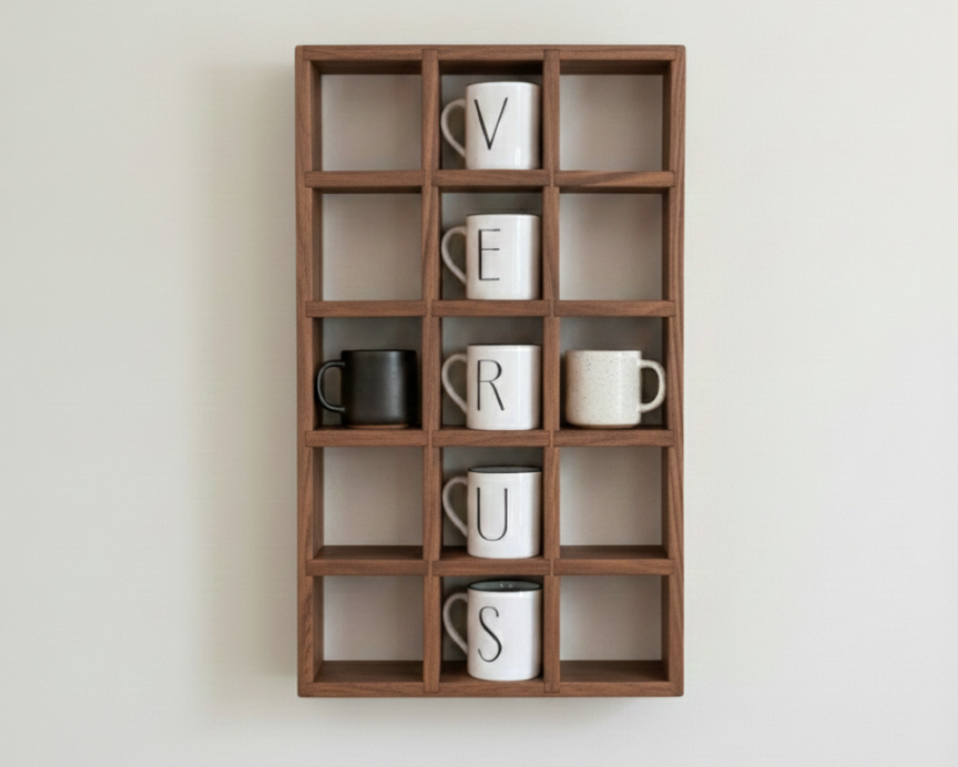 Walnut wooden wall shelf with lettered mugs spelling 'VERUS' on a white wall