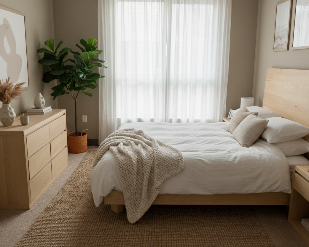 Modern maple wood bedroom with wooden furniture, white bedding, and decorative elements.