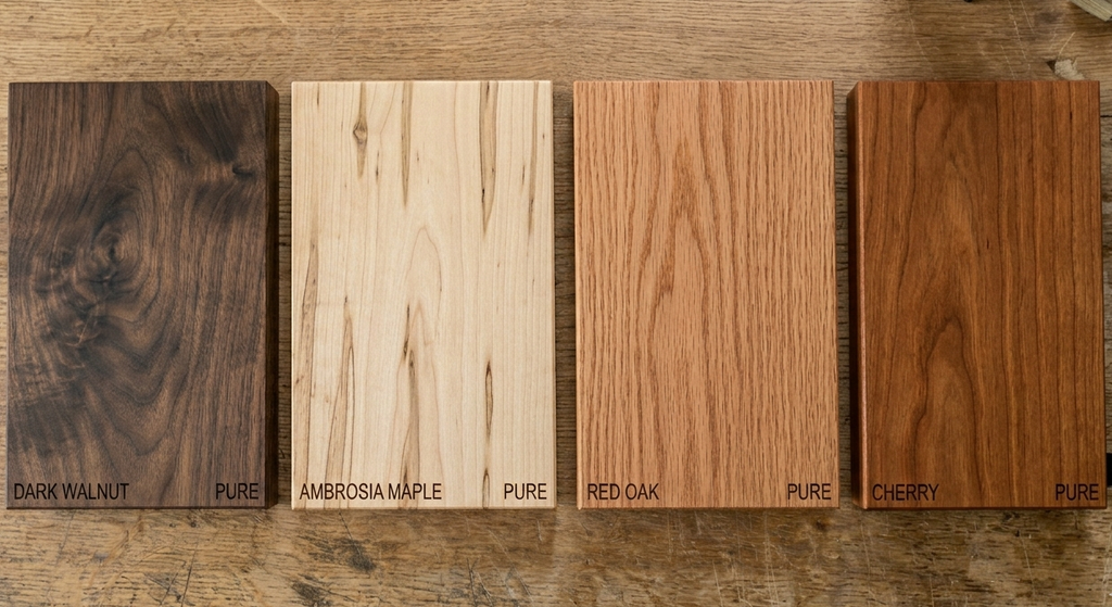 Solid hardwood samples showing the grain and color differences between Walnut, Cherry, Maple, and Red Oak finished with a clear coat.
