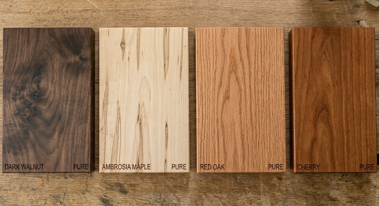Solid hardwood samples showing the grain and color differences between Walnut, Cherry, Maple, and Red Oak finished with a clear coat.