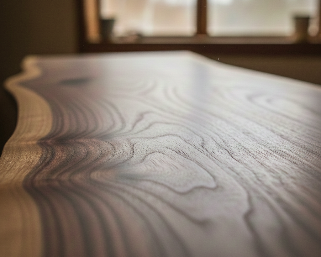 Close-up of a wooden table with a blurred background