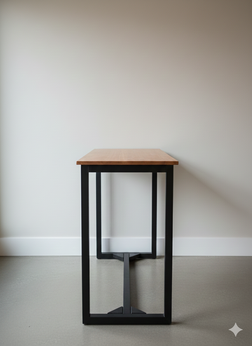 Small wooden table with black frame against a plain wall